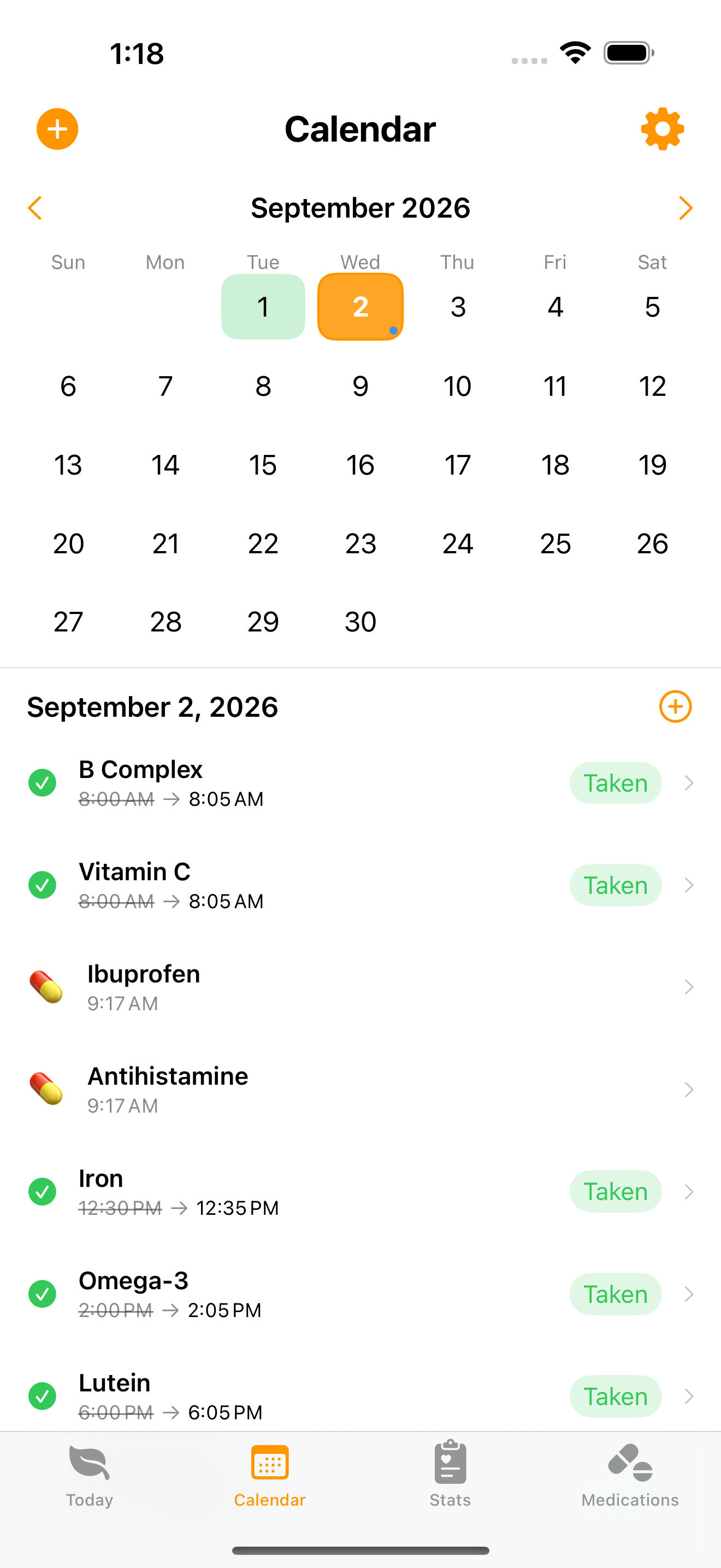 The Calendar tab, showing scheduled and actual dose logging times