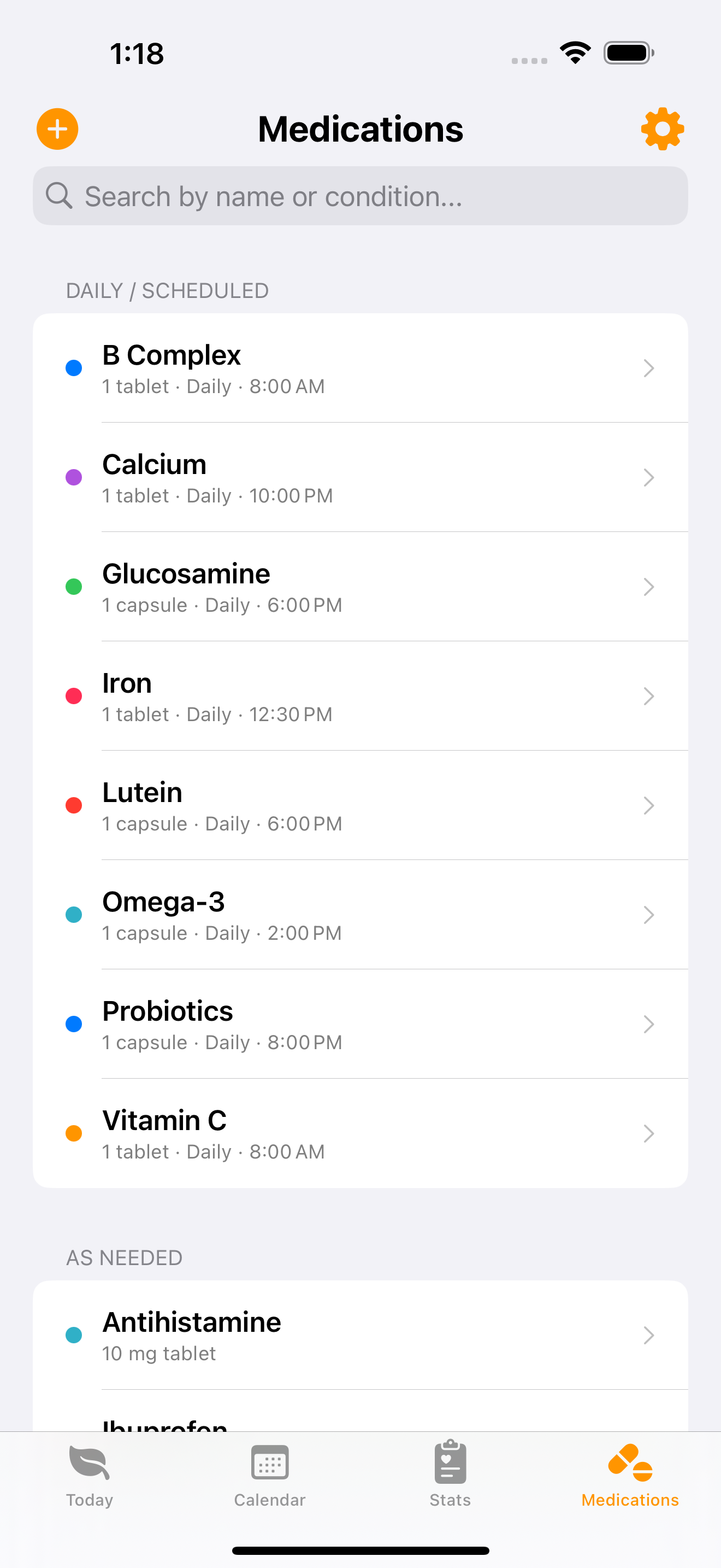 The Medications tab, separating scheduled and as-needed medications