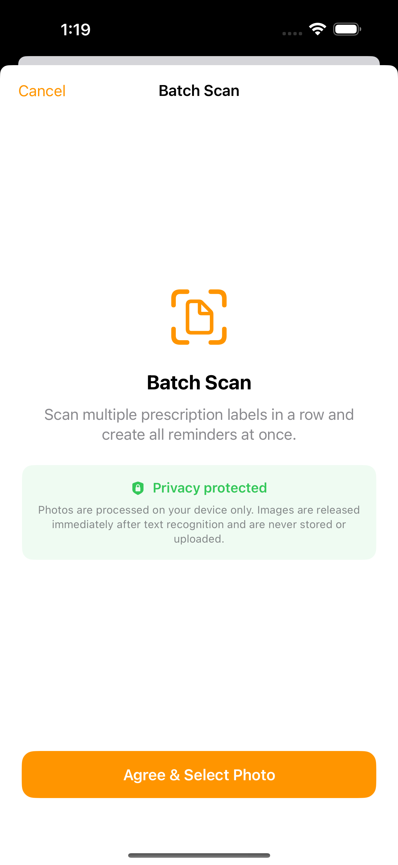 The Batch Scan sheet for scanning multiple prescription labels