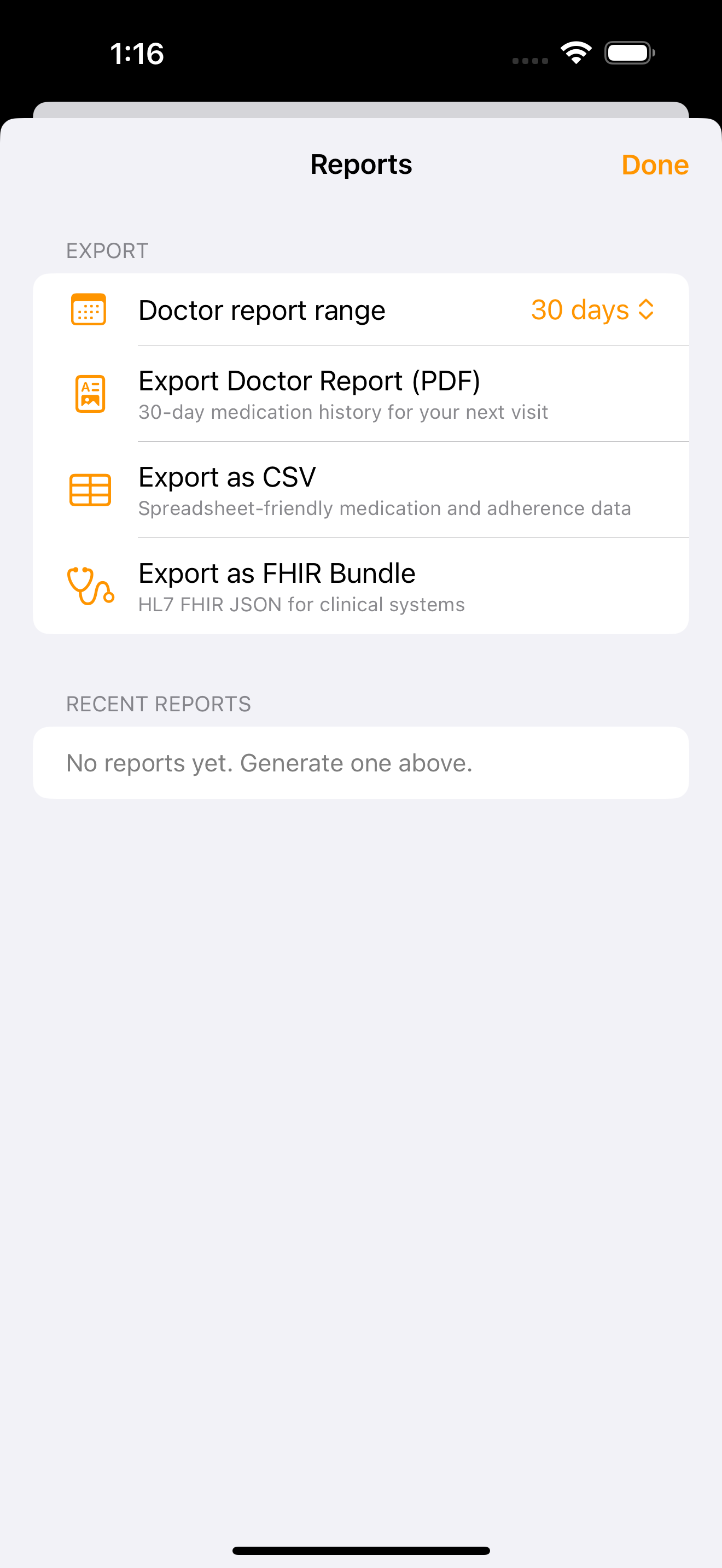 The Reports sheet with PDF, CSV and FHIR export
