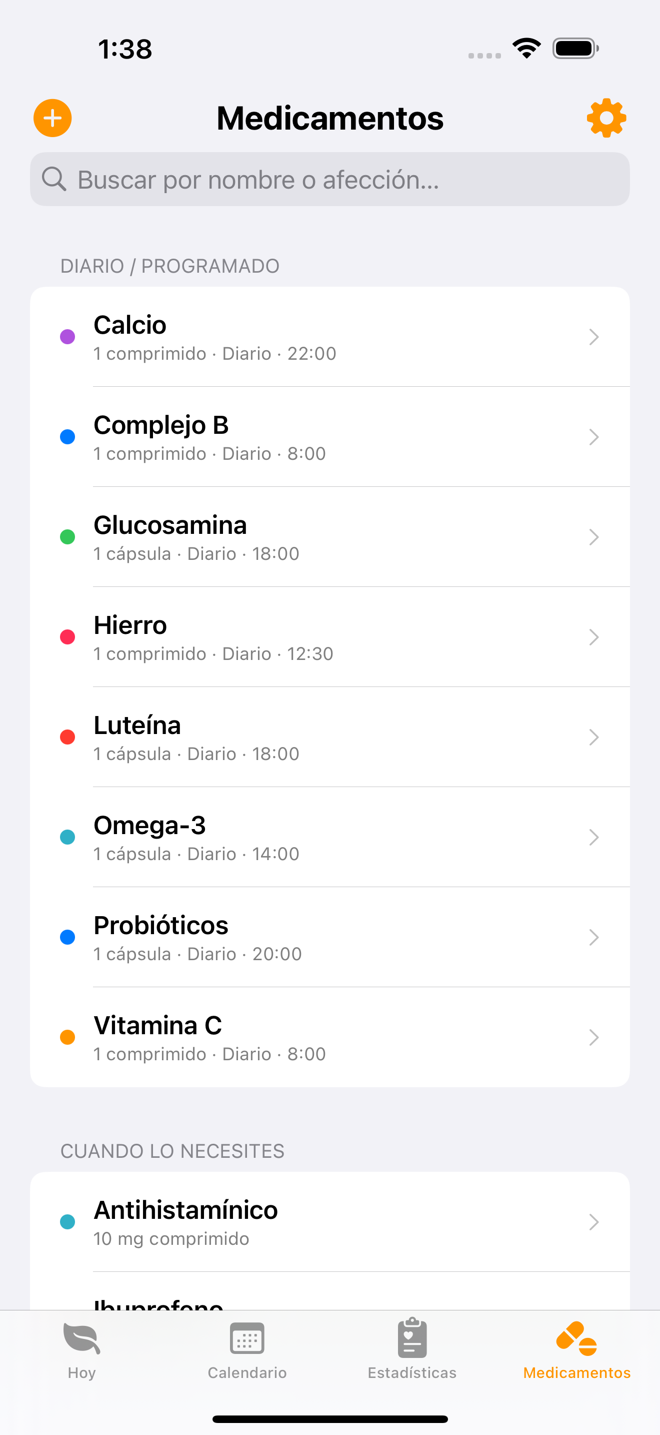 La pantalla de medicamentos separa las tomas programadas de las tomas según necesidad