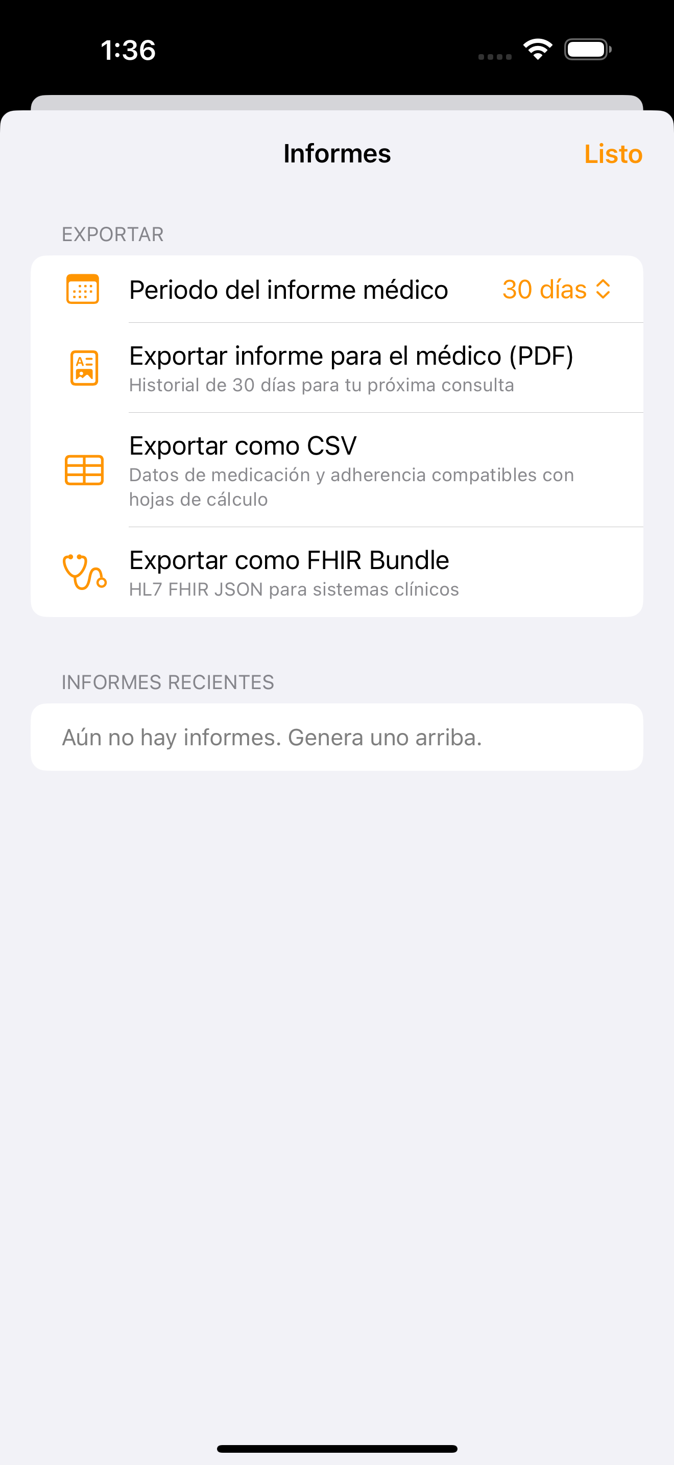 La pantalla de informes permite exportar en PDF, CSV y FHIR